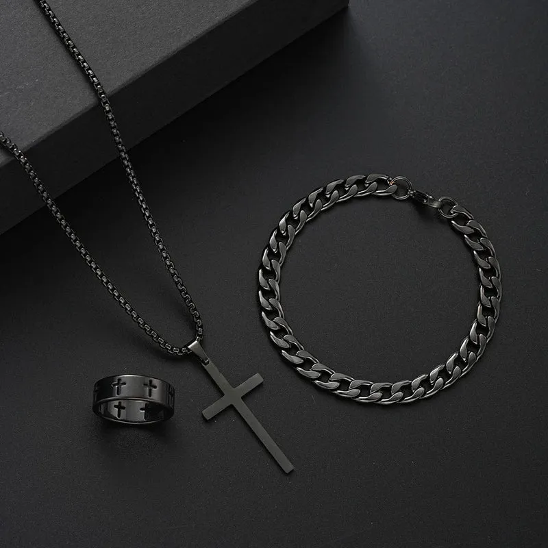3-teiliges Edelstahl-Armband, Halskette, Ring für Männer und Frauen, Retro, schlichtes und personalisiertes Punk-Hip-Hop-Schmuckset, modische Geschenke