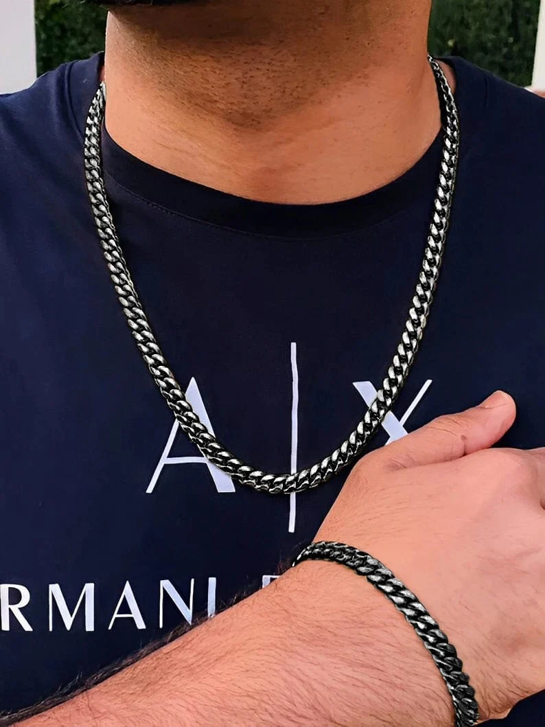 3-teiliges Edelstahl-Armband, Halskette, Ring für Männer und Frauen, Retro, schlichtes und personalisiertes Punk-Hip-Hop-Schmuckset, modische Geschenke
