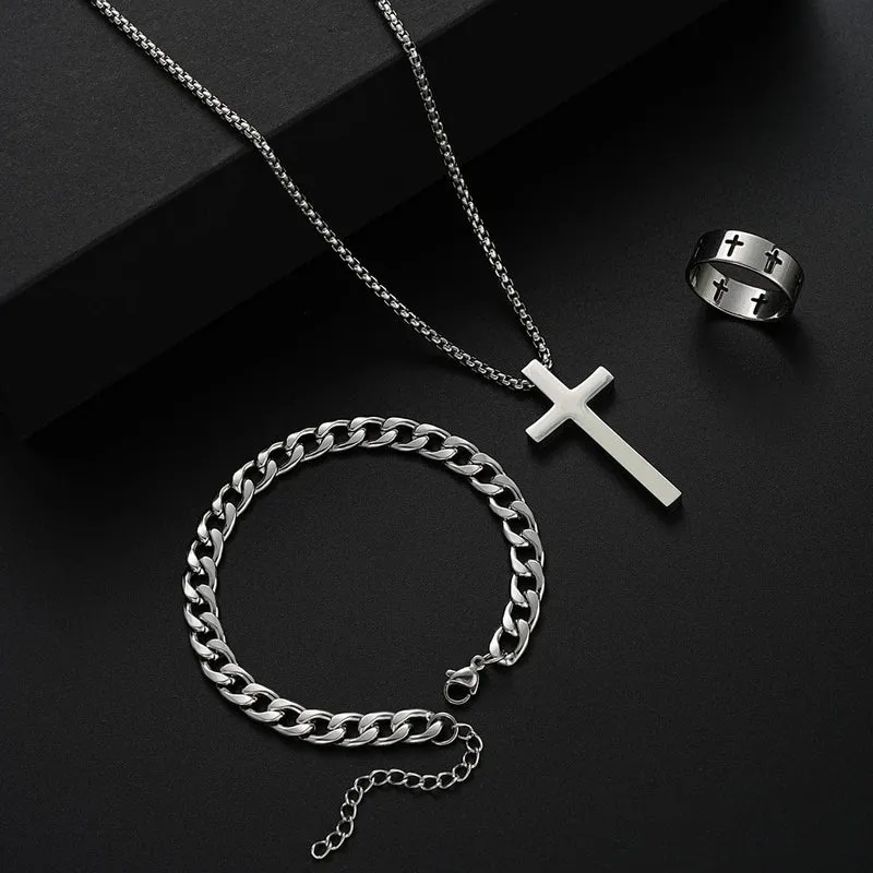 3-teiliges Edelstahl-Armband, Halskette, Ring für Männer und Frauen, Retro, schlichtes und personalisiertes Punk-Hip-Hop-Schmuckset, modische Geschenke