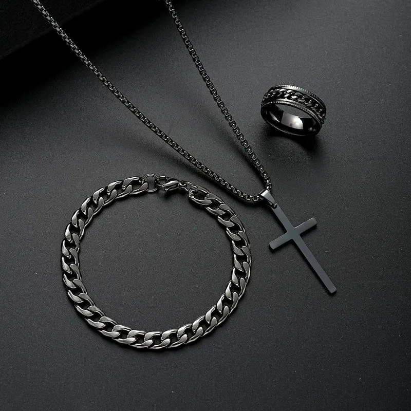 3-teiliges Edelstahl-Armband, Halskette, Ring für Männer und Frauen, Retro, schlichtes und personalisiertes Punk-Hip-Hop-Schmuckset, modische Geschenke