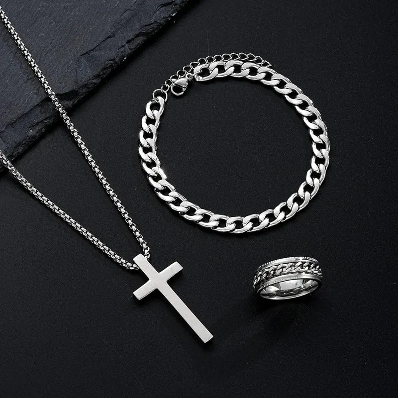 3-teiliges Edelstahl-Armband, Halskette, Ring für Männer und Frauen, Retro, schlichtes und personalisiertes Punk-Hip-Hop-Schmuckset, modische Geschenke