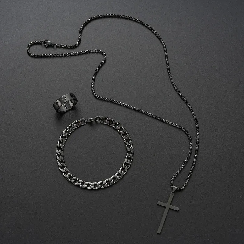 3-teiliges Edelstahl-Armband, Halskette, Ring für Männer und Frauen, Retro, schlichtes und personalisiertes Punk-Hip-Hop-Schmuckset, modische Geschenke