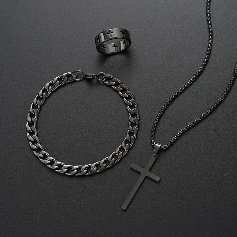 3-teiliges Edelstahl-Armband, Halskette, Ring für Männer und Frauen, Retro, schlichtes und personalisiertes Punk-Hip-Hop-Schmuckset, modische Geschenke