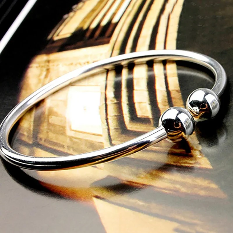 19.5 cm Mode Einfache frauen Edelstahl Versilbert Offene Hand Manschette Armband Einfache Perlen Armreif