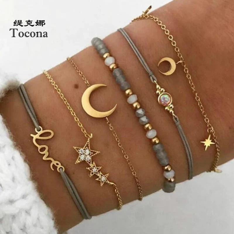 Tocona Boho Love Moon Armbänder für Frauen Charms Perle Gold Farbe Stern Klar Kristall Stein Buchstabe Seil Schmuck Zubehör 6523
