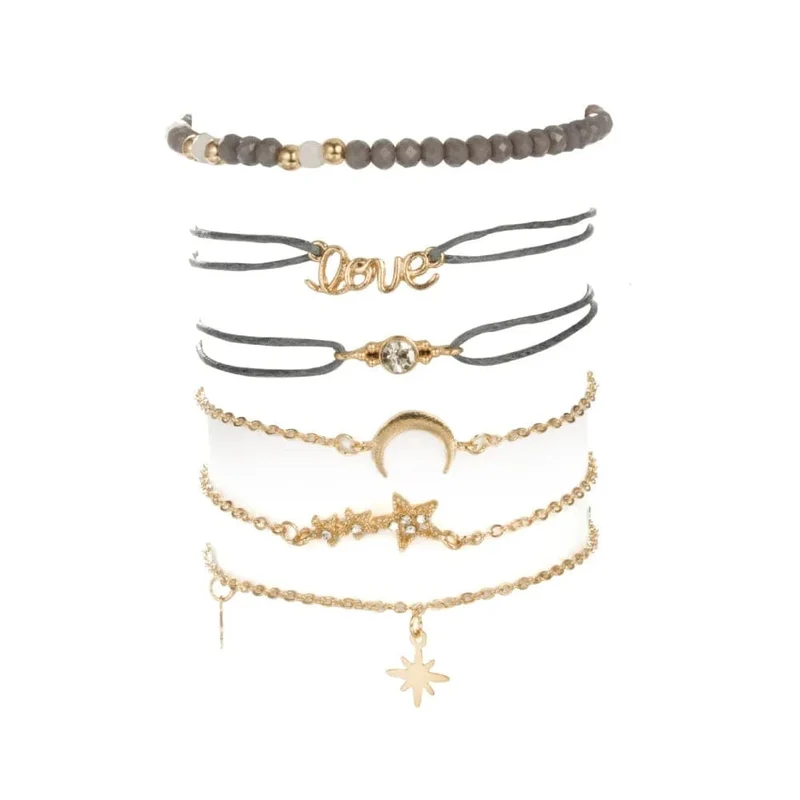 Tocona Boho Love Moon Armbänder für Frauen Charms Perle Gold Farbe Stern Klar Kristall Stein Buchstabe Seil Schmuck Zubehör 6523