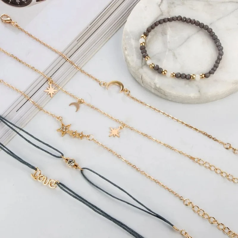 Tocona Boho Love Moon Armbänder für Frauen Charms Perle Gold Farbe Stern Klar Kristall Stein Buchstabe Seil Schmuck Zubehör 6523