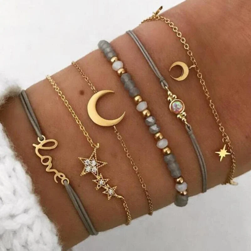 Tocona Boho Love Moon Armbänder für Frauen Charms Perle Gold Farbe Stern Klar Kristall Stein Buchstabe Seil Schmuck Zubehör 6523