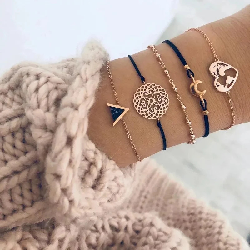 Tocona Boho Love Moon Armbänder für Frauen Charms Perle Gold Farbe Stern Klar Kristall Stein Buchstabe Seil Schmuck Zubehör 6523