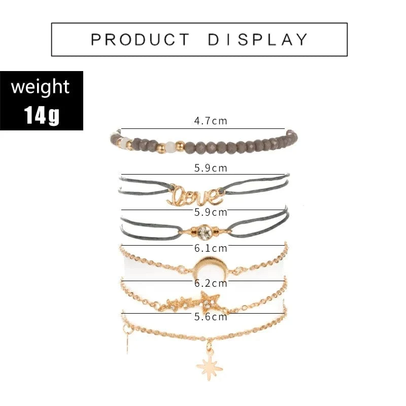 Tocona Boho Love Moon Armbänder für Frauen Charms Perle Gold Farbe Stern Klar Kristall Stein Buchstabe Seil Schmuck Zubehör 6523