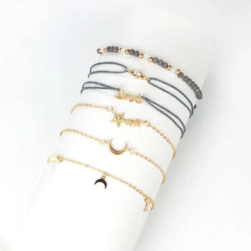 Tocona Boho Love Moon Armbänder für Frauen Charms Perle Gold Farbe Stern Klar Kristall Stein Buchstabe Seil Schmuck Zubehör 6523
