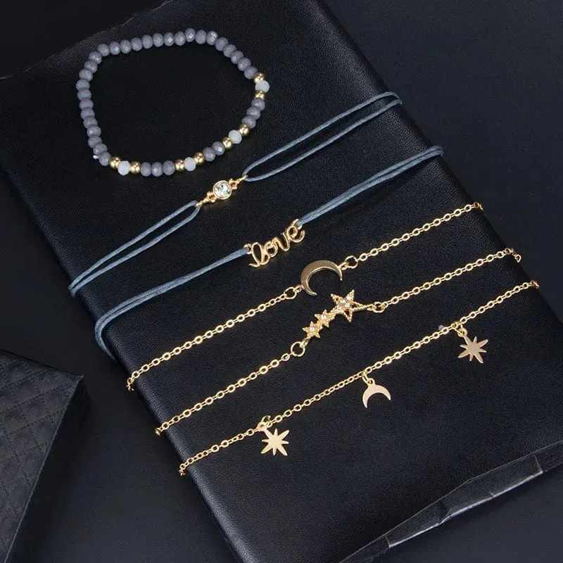 Tocona Boho Love Moon Armbänder für Frauen Charms Perle Gold Farbe Stern Klar Kristall Stein Buchstabe Seil Schmuck Zubehör 6523