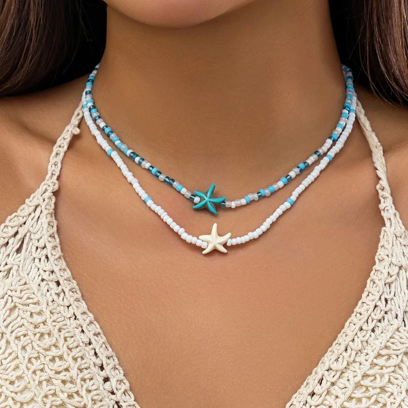 KunJoe Halsketten-Set mit Reisperlen in verschiedenen Farben und Seestern-Anhänger für Damen und Herren, modischer Strand-Halsreif, Schlüsselbeinkette