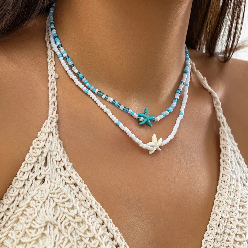 KunJoe Halsketten-Set mit Reisperlen in verschiedenen Farben und Seestern-Anhänger für Damen und Herren, modischer Strand-Halsreif, Schlüsselbeinkette