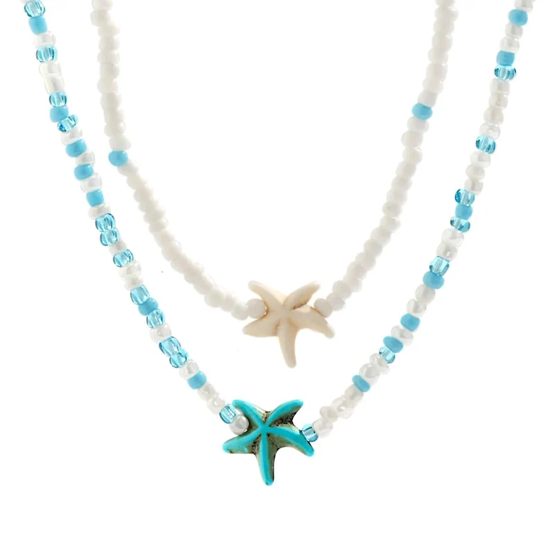 KunJoe Halsketten-Set mit Reisperlen in verschiedenen Farben und Seestern-Anhänger für Damen und Herren, modischer Strand-Halsreif, Schlüsselbeinkette