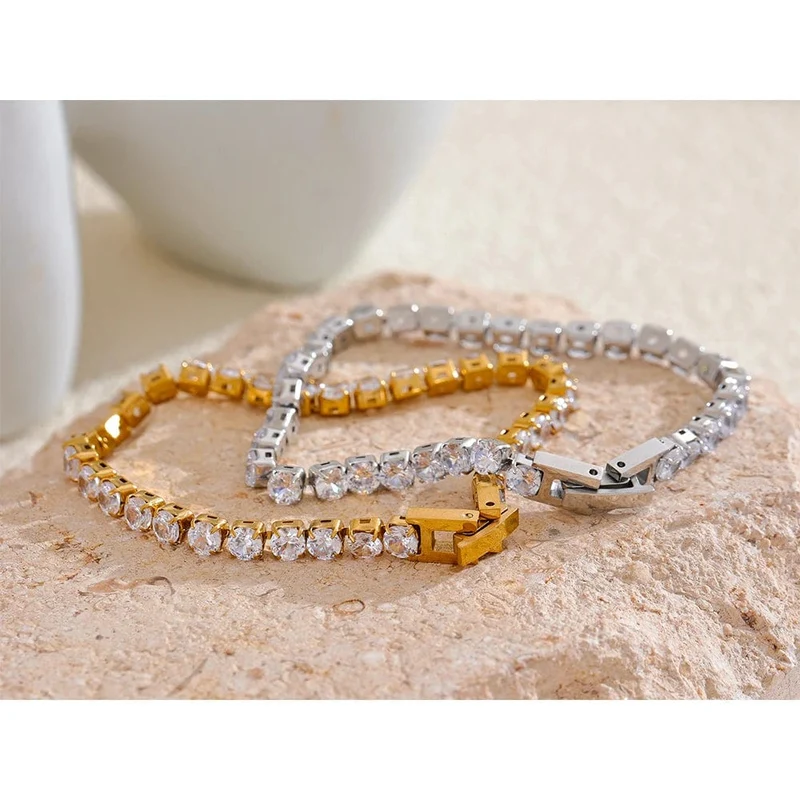 Yhpup 4mm Hochwertiger glänzender Zirkonia-Kettenarmband-Armreif für Frauen aus Edelstahl Exquisiter Premium-Schmuck Neu