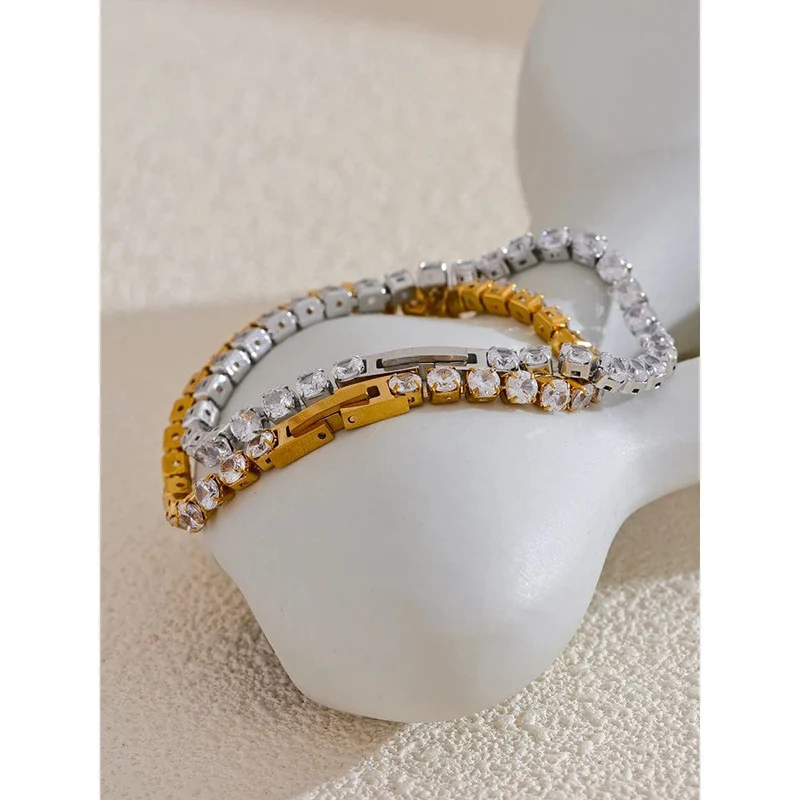 Yhpup 4mm Hochwertiger glänzender Zirkonia-Kettenarmband-Armreif für Frauen aus Edelstahl Exquisiter Premium-Schmuck Neu