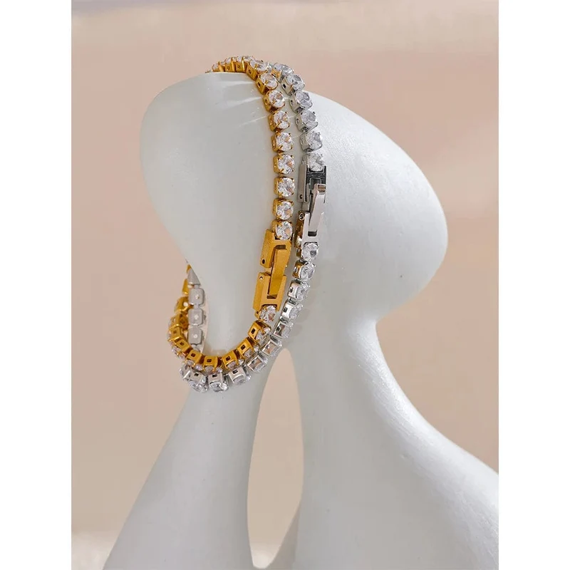 Yhpup 4mm Hochwertiger glänzender Zirkonia-Kettenarmband-Armreif für Frauen aus Edelstahl Exquisiter Premium-Schmuck Neu
