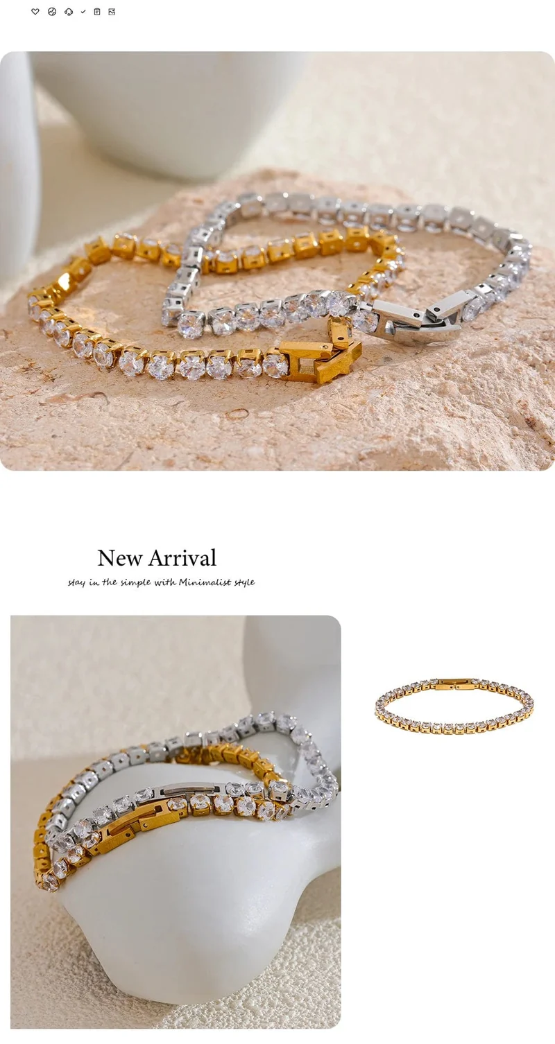 Yhpup 4mm Hochwertiger glänzender Zirkonia-Kettenarmband-Armreif für Frauen aus Edelstahl Exquisiter Premium-Schmuck Neu