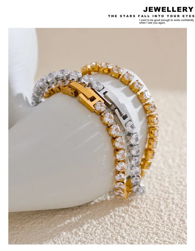 Yhpup 4mm Hochwertiger glänzender Zirkonia-Kettenarmband-Armreif für Frauen aus Edelstahl Exquisiter Premium-Schmuck Neu