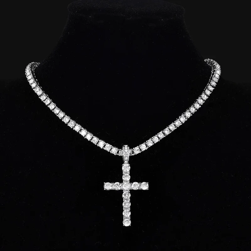 Männer Frauen Hip Hop Kreuz Anhänger Halskette mit 4mm Zirkon Tennis Kette Iced Out Exquisite Bling Schmuck Mode Trendy Kreative