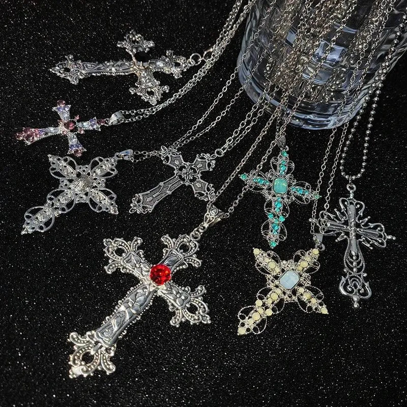 Y2K Punk Kristall Große Kreuz Anhänger Halsketten für Frauen Männer Gothic Unregelmäßige Kreuz Schlüsselbein Kette Halsketten Ästhetischen Schmuck