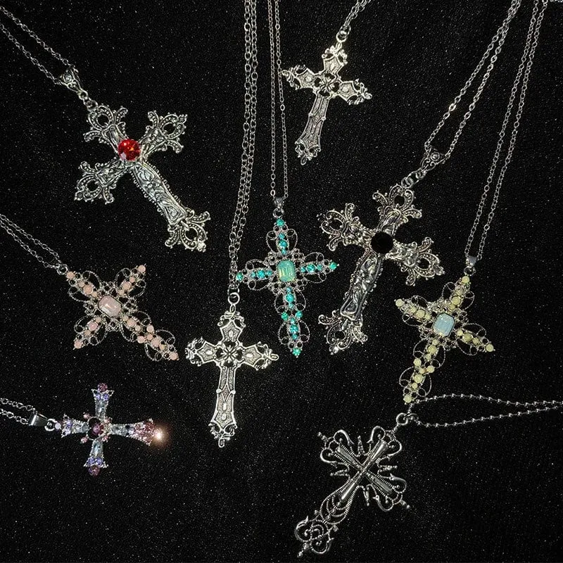 Y2K Punk Kristall Große Kreuz Anhänger Halsketten für Frauen Männer Gothic Unregelmäßige Kreuz Schlüsselbein Kette Halsketten Ästhetischen Schmuck