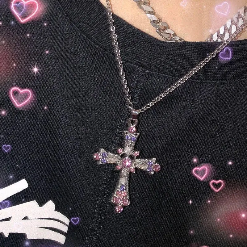 Y2K Punk Kristall Große Kreuz Anhänger Halsketten für Frauen Männer Gothic Unregelmäßige Kreuz Schlüsselbein Kette Halsketten Ästhetischen Schmuck