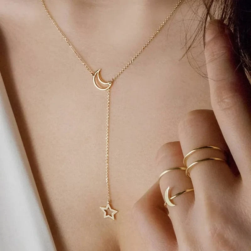 Neue Einfache Mond Stern Anhänger Choker Halskette Einfache Gold Farbe Legierung Charme Kette Collares Halskette Für Frauen Partei Schmuck