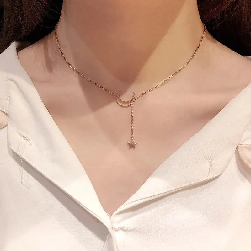 Neue Einfache Mond Stern Anhänger Choker Halskette Einfache Gold Farbe Legierung Charme Kette Collares Halskette Für Frauen Partei Schmuck