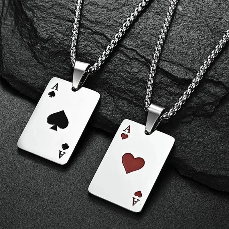 2-teiliges Set Hip Hop Statement Edelstahl Pokerkarte Pik-Ass Halskette für Frauen Männer Anhänger Kette Spielkarten Schmuck
