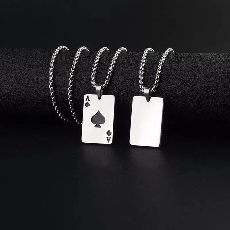 2-teiliges Set Hip Hop Statement Edelstahl Pokerkarte Pik-Ass Halskette für Frauen Männer Anhänger Kette Spielkarten Schmuck