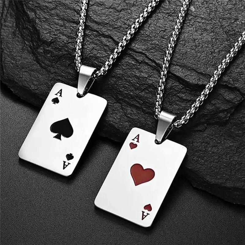 2-teiliges Set Hip Hop Statement Edelstahl Pokerkarte Pik-Ass Halskette für Frauen Männer Anhänger Kette Spielkarten Schmuck