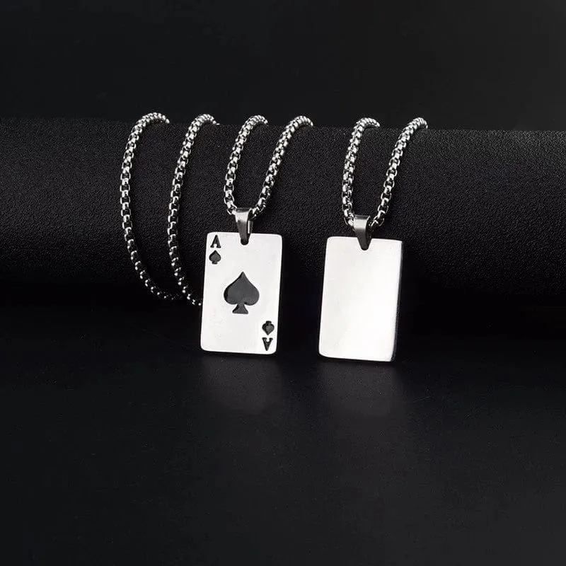 2-teiliges Set Hip Hop Statement Edelstahl Pokerkarte Pik-Ass Halskette für Frauen Männer Anhänger Kette Spielkarten Schmuck
