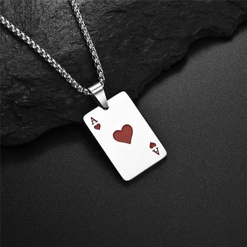 2-teiliges Set Hip Hop Statement Edelstahl Pokerkarte Pik-Ass Halskette für Frauen Männer Anhänger Kette Spielkarten Schmuck