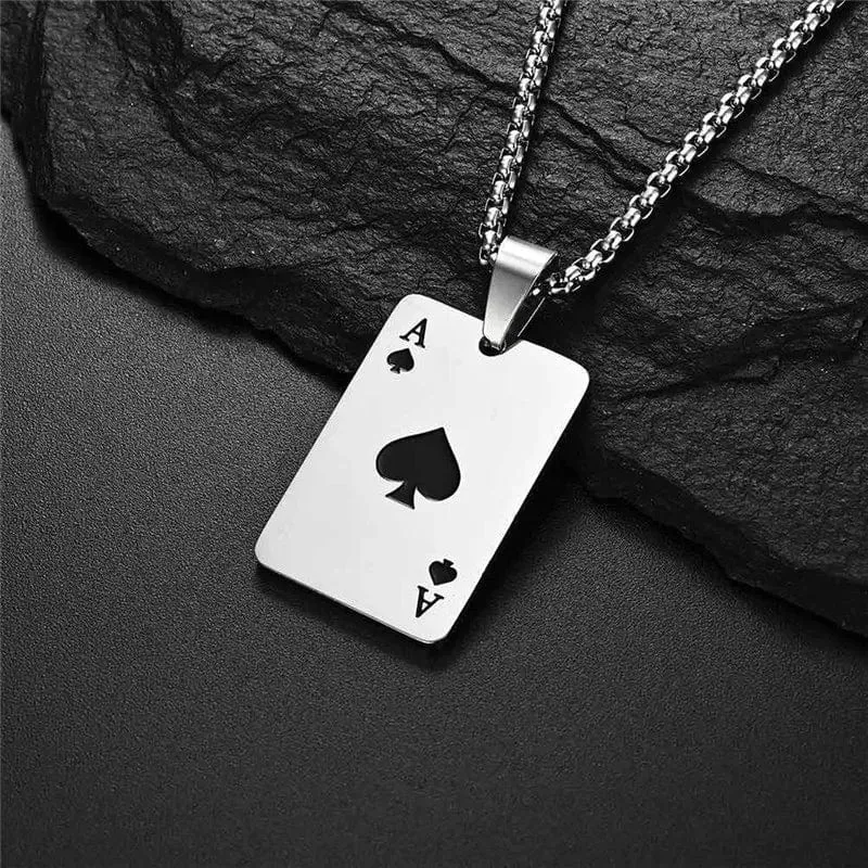 2-teiliges Set Hip Hop Statement Edelstahl Pokerkarte Pik-Ass Halskette für Frauen Männer Anhänger Kette Spielkarten Schmuck
