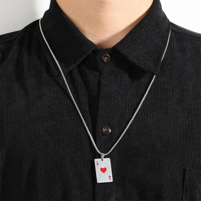 2-teiliges Set Hip Hop Statement Edelstahl Pokerkarte Pik-Ass Halskette für Frauen Männer Anhänger Kette Spielkarten Schmuck