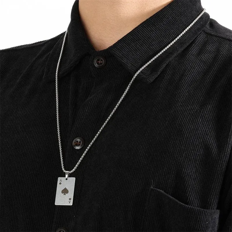 2-teiliges Set Hip Hop Statement Edelstahl Pokerkarte Pik-Ass Halskette für Frauen Männer Anhänger Kette Spielkarten Schmuck
