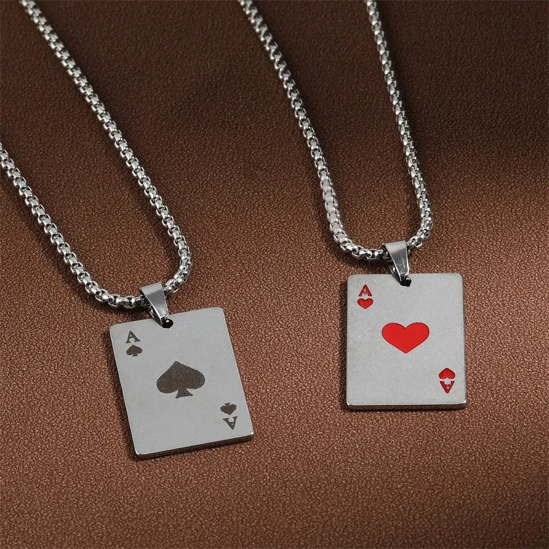 2-teiliges Set Hip Hop Statement Edelstahl Pokerkarte Pik-Ass Halskette für Frauen Männer Anhänger Kette Spielkarten Schmuck
