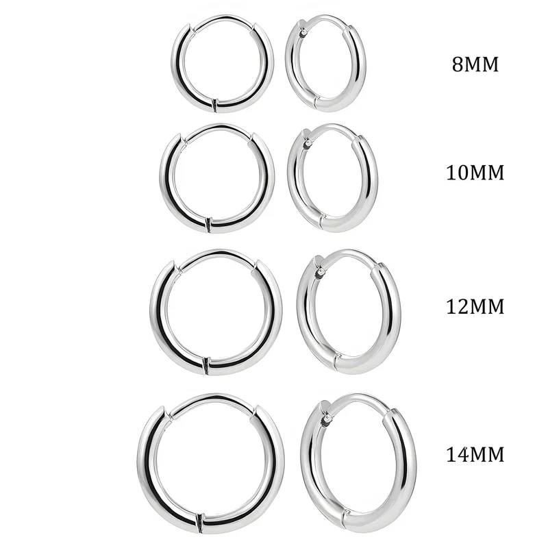 4 Paar 8/10/12/14 mm Edelstahl-Rundcreolen für Damen, kleine Ohrring-Schlaufen