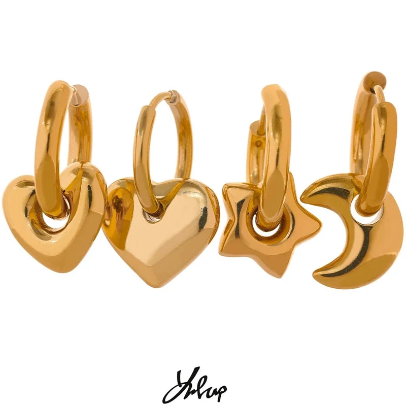 Yhpup Creolen mit Stern-/Mond-/Herz-Anhänger, 18 Karat vergoldet, trendiger, wasserdichter Edelstahl, modischer Charm-Schmuck
