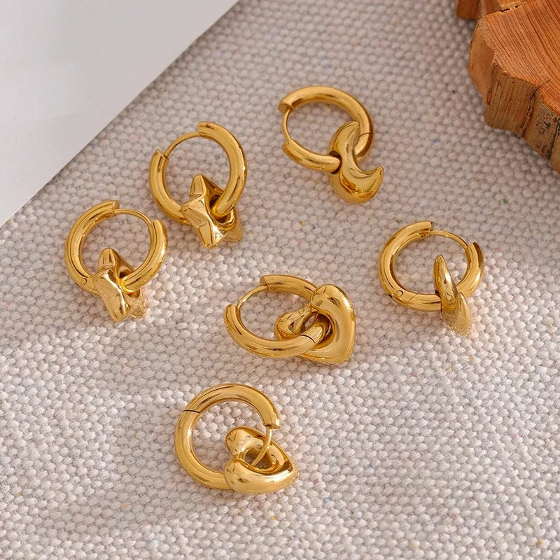 Yhpup Creolen mit Stern-/Mond-/Herz-Anhänger, 18 Karat vergoldet, trendiger, wasserdichter Edelstahl, modischer Charm-Schmuck