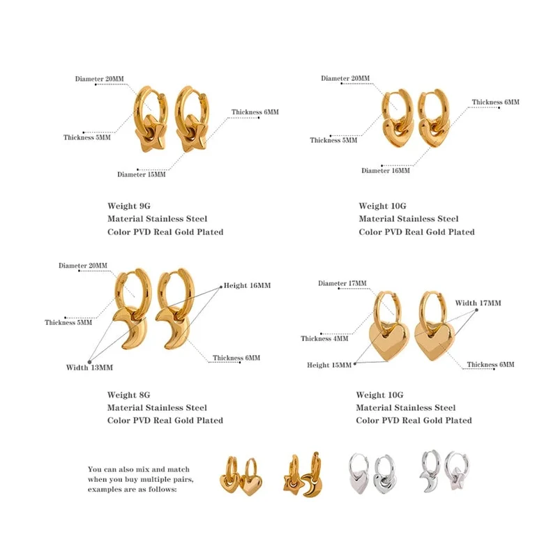 Yhpup Creolen mit Stern-/Mond-/Herz-Anhänger, 18 Karat vergoldet, trendiger, wasserdichter Edelstahl, modischer Charm-Schmuck