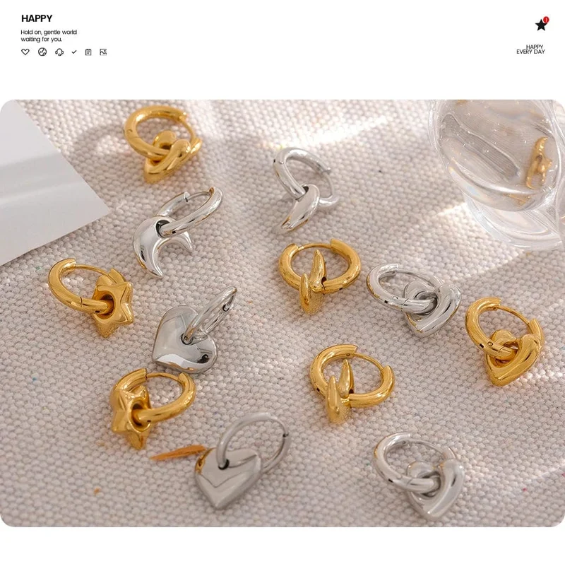 Yhpup Creolen mit Stern-/Mond-/Herz-Anhänger, 18 Karat vergoldet, trendiger, wasserdichter Edelstahl, modischer Charm-Schmuck
