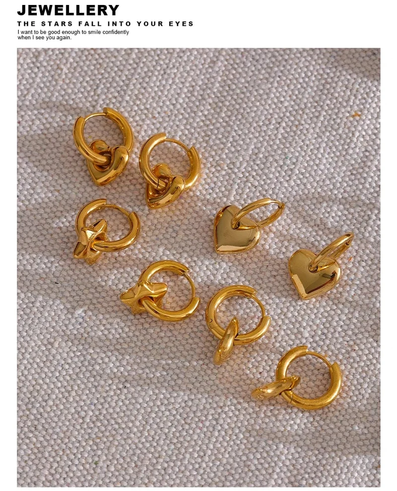 Yhpup Creolen mit Stern-/Mond-/Herz-Anhänger, 18 Karat vergoldet, trendiger, wasserdichter Edelstahl, modischer Charm-Schmuck