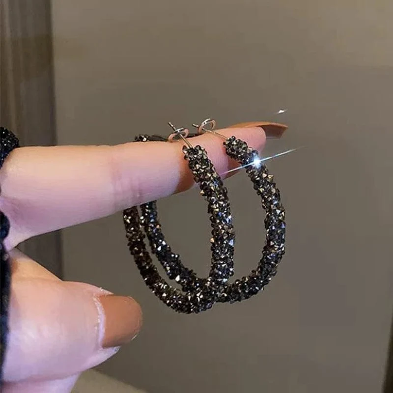 Neue Mode Einfache Trend Runde Schwarz Strass Hoop Ohrringe Geometrische Ohrringe Frauen Elegante Exquisite Schmuck Geschenke Großhandel