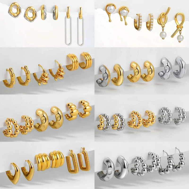 3 Paar/Set zierliche goldfarbene geometrische Kreis-Kleine Creolen für Frauen Statement-Perlen Twist Huggie Ohrring Modeschmuck