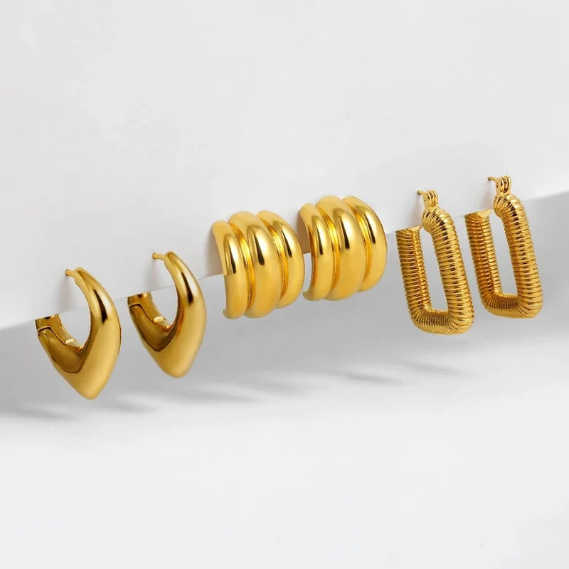 3 Paar/Set zierliche goldfarbene geometrische Kreis-Kleine Creolen für Frauen Statement-Perlen Twist Huggie Ohrring Modeschmuck