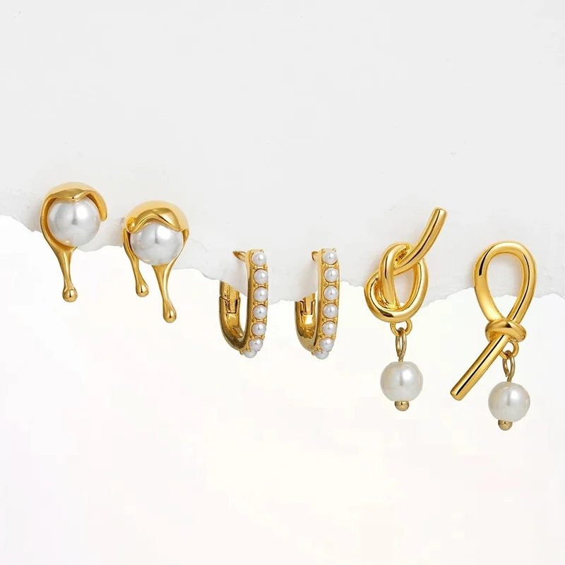 3 Paar/Set zierliche goldfarbene geometrische Kreis-Kleine Creolen für Frauen Statement-Perlen Twist Huggie Ohrring Modeschmuck
