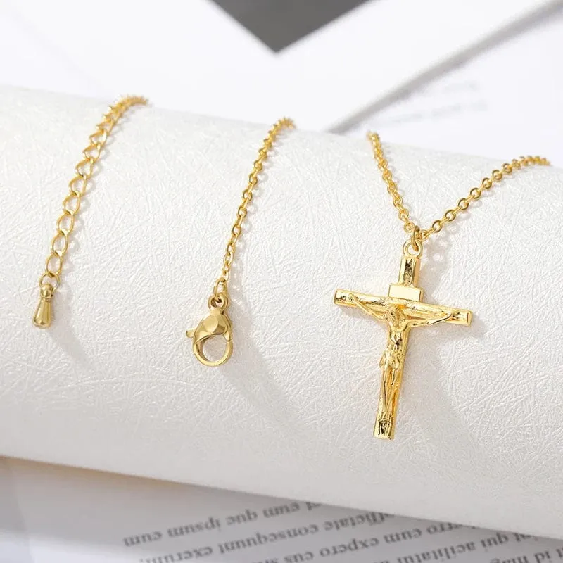Christian Jesus Kreuz Halskette für Frauen Männer Edelstahl Ketten Halsband Religion Kreuz Anhänger Schmuck Gebet Taufe Geschenke